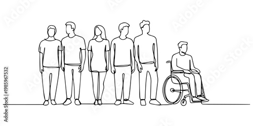 a diverse group of six people standing, Group of people hold hands. Friends together with disabled. One continuous line drawing vector illustration. one line Icon drawing, Diversity and inclusion line
