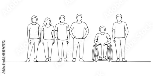 a diverse group of six people standing, Group of people hold hands. Friends together with disabled. One continuous line drawing vector illustration. one line Icon drawing, Diversity and inclusion line