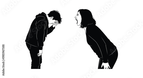 A woman shouting at stressed man in emotional conflict scene illustrated as black silhouette figures
