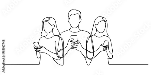 People holding, using mobile phones concept.one line vector illustration with out Background, Single one-line drawing three college students studying with cell phones. Diversity in college concept.