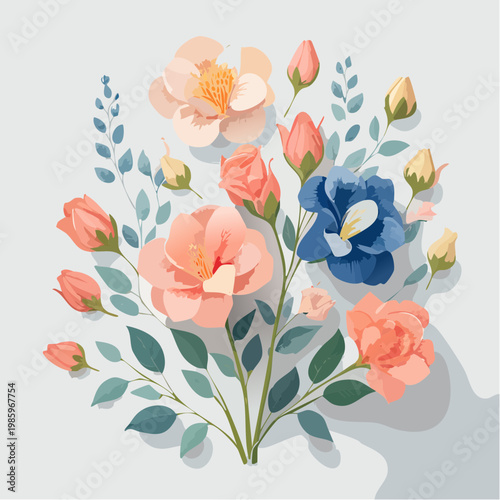 Ein minimalistisches Flat-Lay-Arrangement aus zarten Lisianthus-Blüten in Rosa- und Blautönen