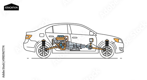 Automobile mechanical diagram illustration showing internal engine components