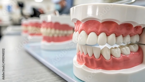 Dental Prosthetic Models Lined Up in a Classroom Setting teeth gums