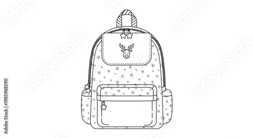 Black and white illustration of a backpack with festive design
