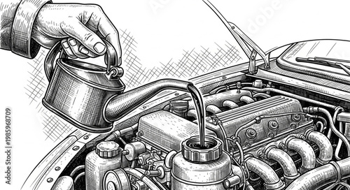 Hand Pouring Motor Oil Into Car Engine.