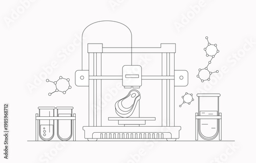 3D printer prints meat. Test tubes with biomaterial. Vector horizontal banner with linear illustration