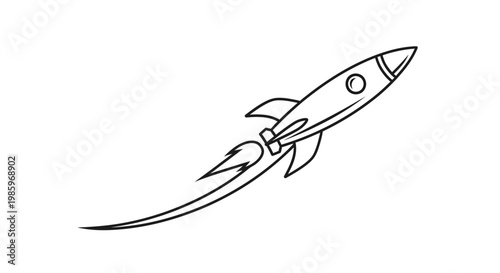 Black and white rocket ship illustration taking off on a white background