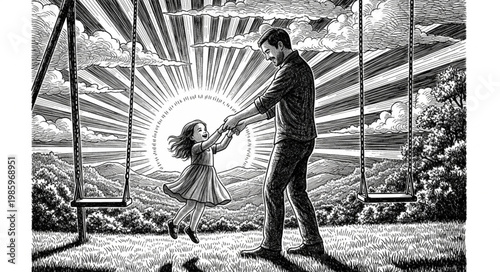 Man Holding Young Girl Dancing In Radiant Light.