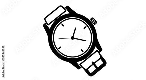Black and white vector illustration of a classic wristwatch on white background