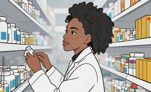 Female Pharmacist Checking Medication in Pharmacy