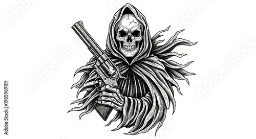Hooded Grim Reaper Skeleton Holding Scythe Illustration.