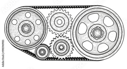 Industrial belt and gear drivetrain mechanism assembly.