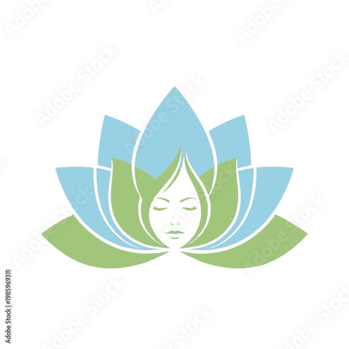 Serene Womans Face Emerging from a Stylized Lotus Flower.