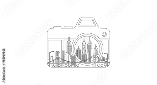 Camera silhouette featuring city skyline vector illustration