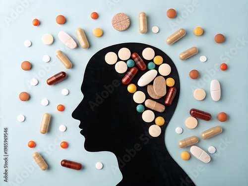 Silhouette of a Human Head Filled with Various Pills and Scattered Around tablets