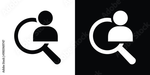Clean graphic showing a person silhouette behind a magnifying glass, depicting recruitment, headhunting, talent search, HR screening, and individual user identification concepts.