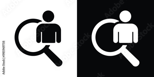 Clean graphic showing a person silhouette behind a magnifying glass, depicting recruitment, headhunting, talent search, HR screening, and individual user identification concepts.