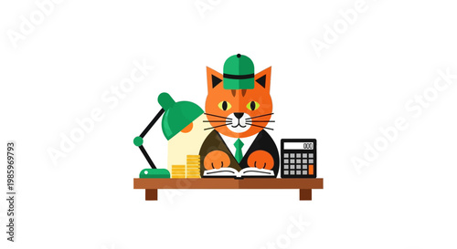 Cartoon cat wearing a suit at a desk studying with a lamp and calculator