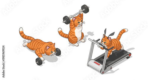 Cartoon cats exercising with weights and treadmill on a white background