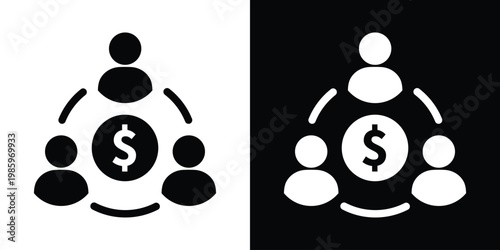 Creative icon design of people arranged in a circular network around a central dollar symbol, representing crowdfunding, profit sharing, financial networking, and global markets.