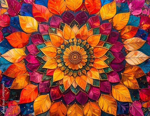 Colorful Circular Mandala with Detailed Petal Patterns