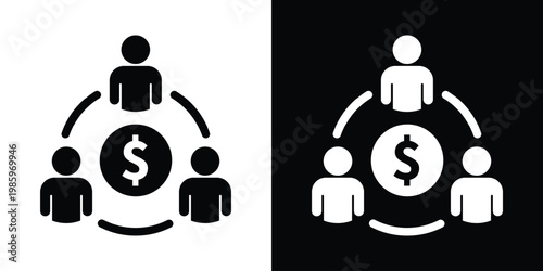 Creative icon design of people arranged in a circular network around a central dollar symbol, representing crowdfunding, profit sharing, financial networking, and global markets.