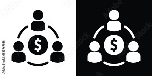 Creative icon design of people arranged in a circular network around a central dollar symbol, representing crowdfunding, profit sharing, financial networking, and global markets.