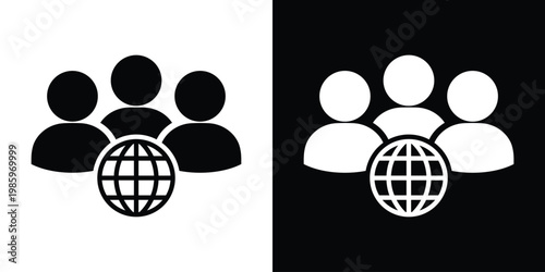 Modern vector icon of a team of individuals paired with a globe, signifying global workforce, international business relations, outsourcing, and worldwide communication networks.