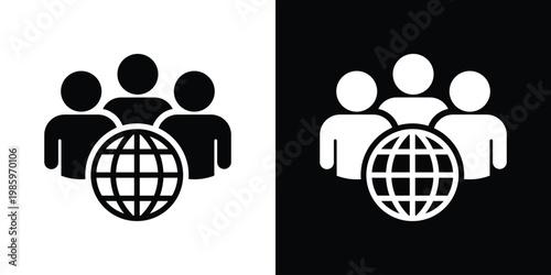 Modern vector icon of a team of individuals paired with a globe, signifying global workforce, international business relations, outsourcing, and worldwide communication networks.