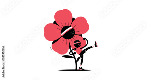 Cartoon flower character doing exercise in minimalist style on white background