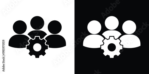 Professional flat vector icon featuring a team of people with a central gear, representing team management, technical support, workforce optimization, and collective industrial operations.