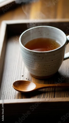 Steaming cup of tea on a wooden tray in soft light