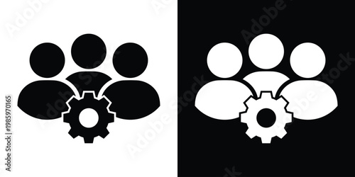 Professional flat vector icon featuring a team of people with a central gear, representing team management, technical support, workforce optimization, and collective industrial operations.