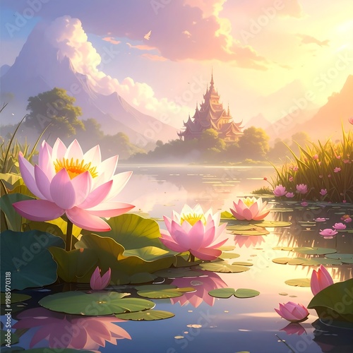 A serene landscape with pink lotus flowers in a pond