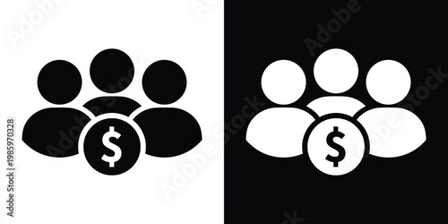 Minimalist vector illustration of three people silhouettes with a dollar sign coin, symbolizing human resources cost, payroll, investor group, or a collective financial team.