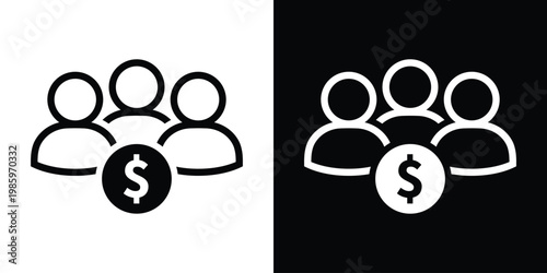 Minimalist vector illustration of three people silhouettes with a dollar sign coin, symbolizing human resources cost, payroll, investor group, or a collective financial team.