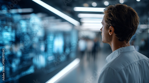 A young professional observes a futuristic digital interface in a modern office environment, focusing on data visualization and innovation. Technology and business merge seamlessly in this scene