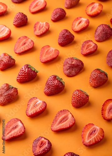 Fresh Strawberries Sliced and Whole Arranged on Orange Background strawberry fruit