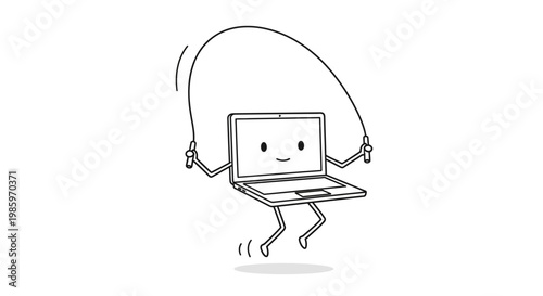 Cartoon laptop computer skipping rope exercise on white background