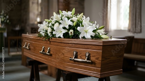 Elegant wooden casket with white lilies in a serene funeral setting