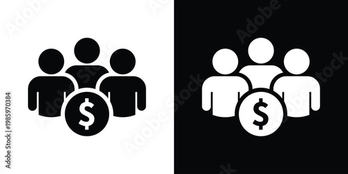 Minimalist vector illustration of three people silhouettes with a dollar sign coin, symbolizing human resources cost, payroll, investor group, or a collective financial team.