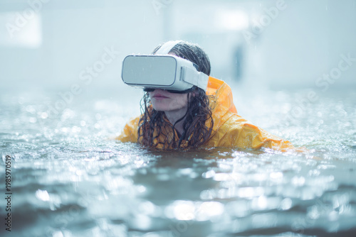 A young woman wearing a virtual reality headset stands immersed in water, blending digital experience with real world elements. Futuristic technology meets environmental challenge in this unique scene