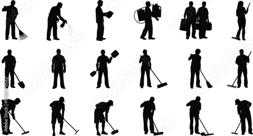 Cleaning worker silhouettes performing maintenance tasks, sweeping, mopping, spraying, janitor service activity, sanitation work, equipment tools, vector illustration set