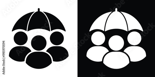 Minimalist vector graphic of people silhouettes under an umbrella, representing life insurance, group protection, safety, social security, and risk management concepts.