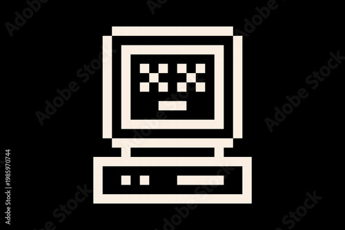Y2k old monitor computer. Pixel error screen computer icon in retro 8-bit style on black background. Minimal cute digital illustration for retro technology design, vintage interfaces, gaming visuals