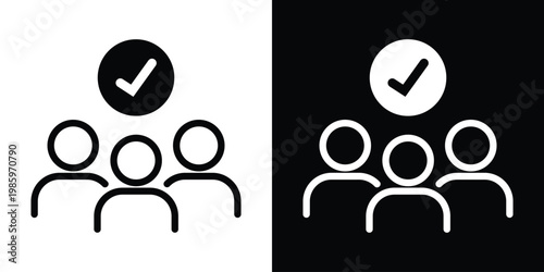 Clean vector icon featuring a team with a checkmark symbol, signifying group approval, verified team, successful recruitment, and collective task completion.