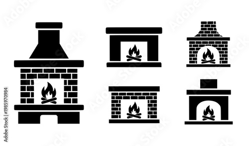 Fireplace icon set vector black silhouette home heating symbols isolated on white