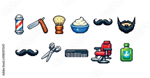 Pixel art barber shop icons for retro gaming and graphic design projects