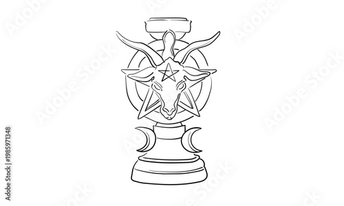 Baphomet candlestick, continuous line art. Witch attribute. Vector illustration on white backround