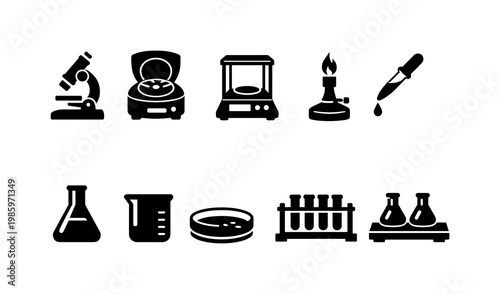 Collection of simple black icons representing laboratory equipment and tools